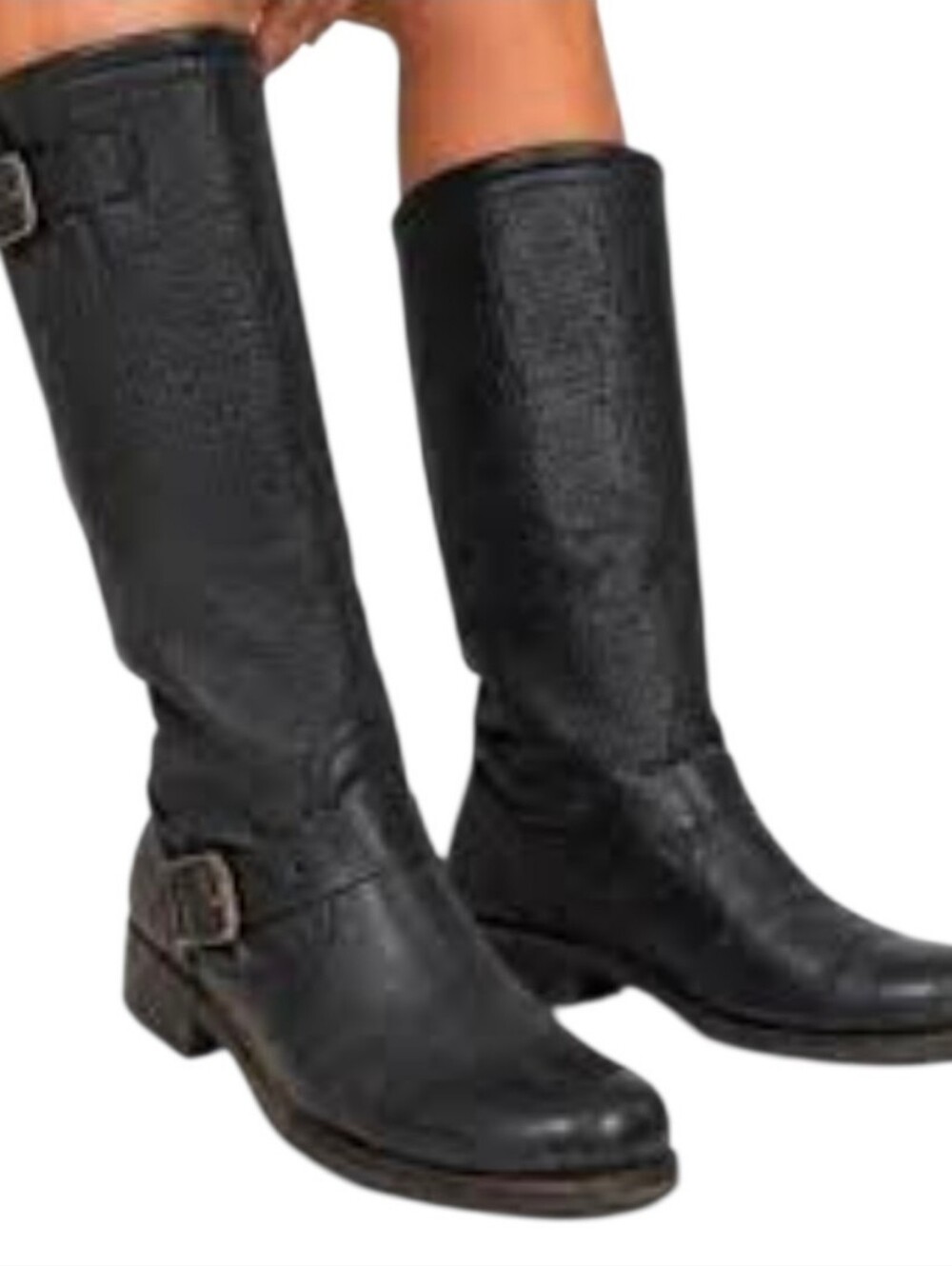 FRYE Veronica Slouch Full-Grain Leather Tall Engineer Moto Boots Buckle 77605